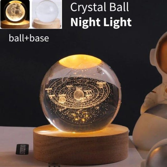 3d Galaxy Solar System Crystal Ball Night Light With Wooden Base For Boys And Girls