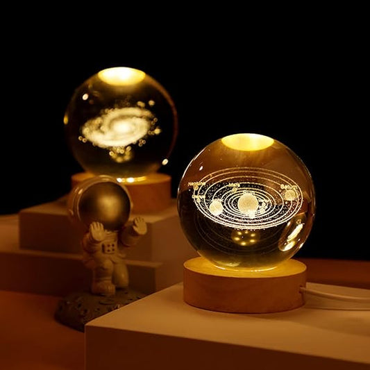 3d Galaxy Solar System Crystal Ball Night Light With Wooden Base For Boys And Girls