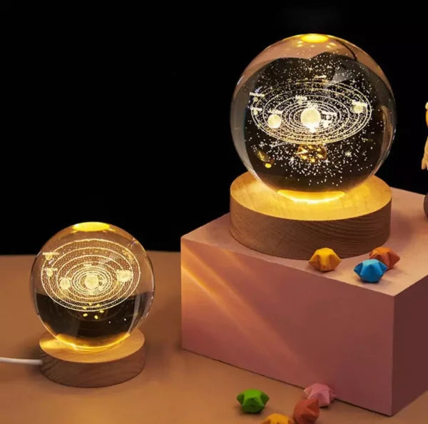 3d Galaxy Solar System Crystal Ball Night Light With Wooden Base For Boys And Girls
