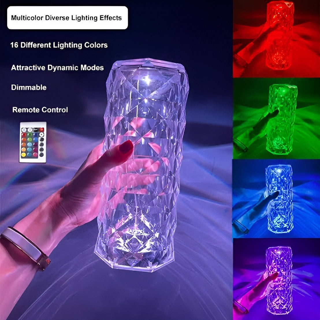 16 Colors Diamond Rose Crystal Lamp Bedside Acrylic Table Lamp | Led Diamond Touch Lamp With Remote